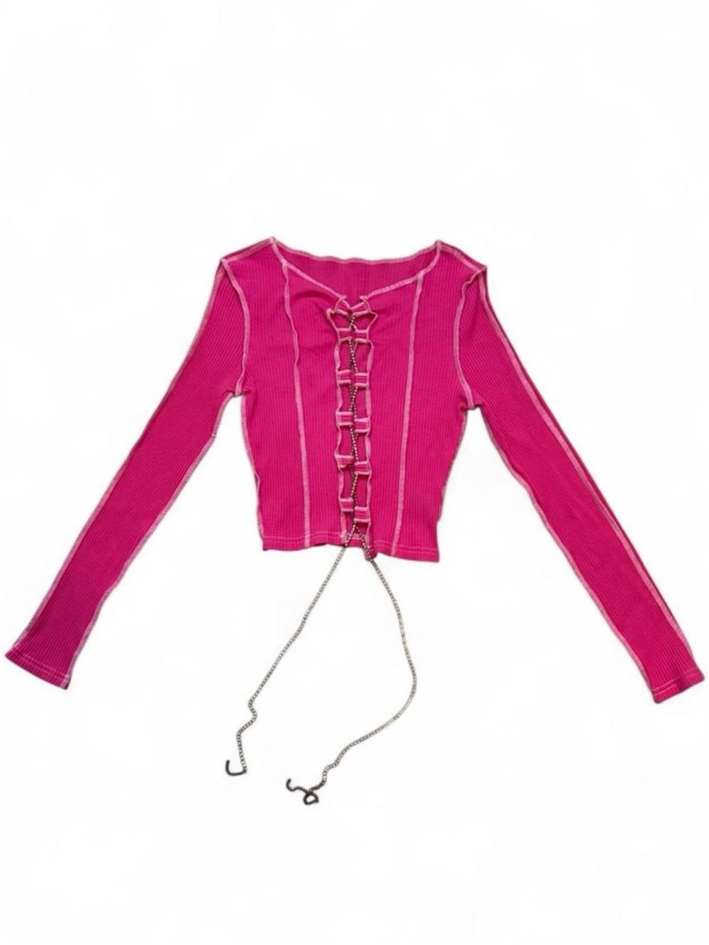 Pink Long Sleeve Crop Top Rhinestone Lace Up Detail Chain